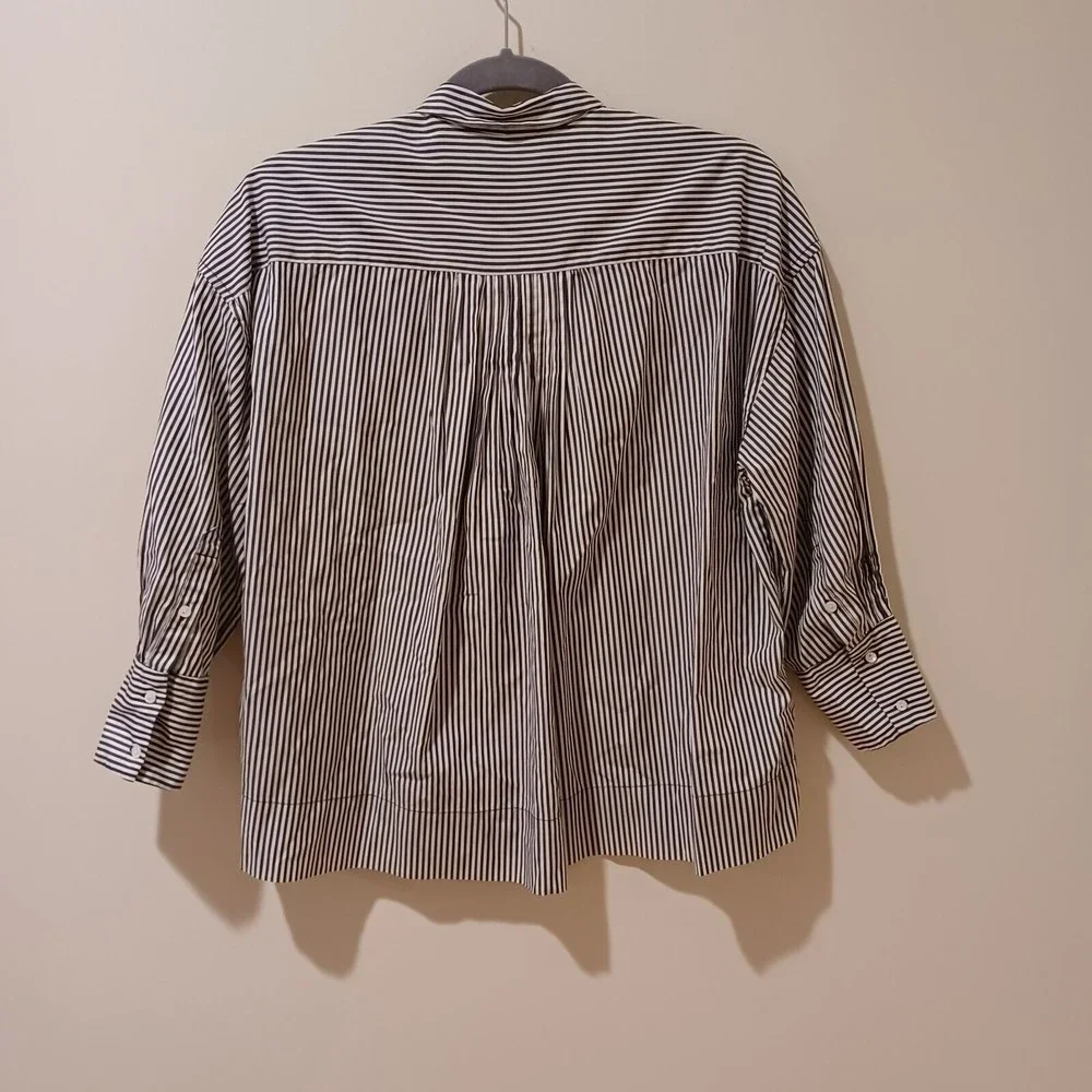 Nili Lotan 3/4 Sleeve Navy Blue Stripe Button Down Relaxed Boxy Fit Shirt XS - Picture 7 of 9